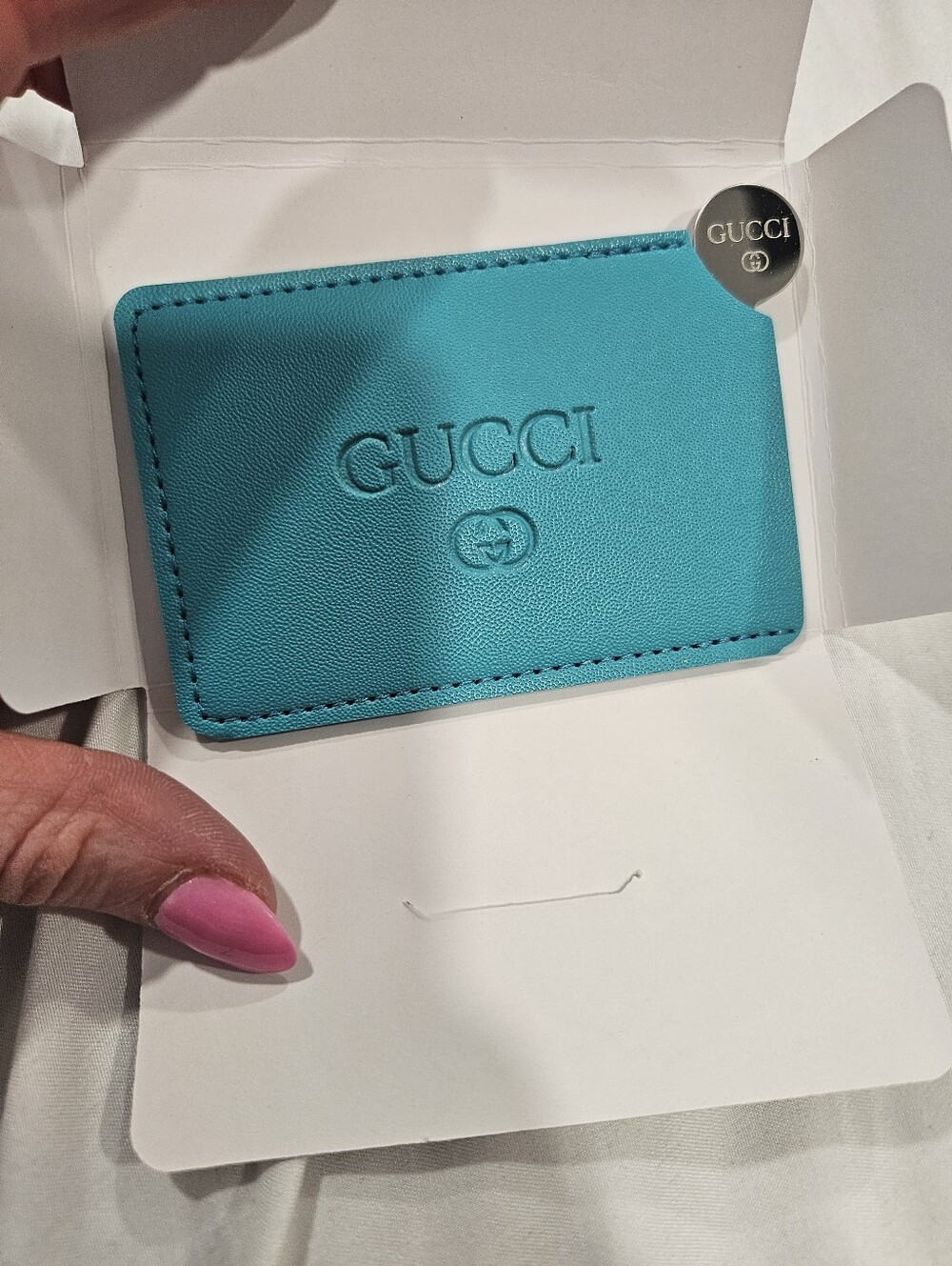 Gucci Beauty Turquoise Leatherette Card Holder Sleeve & Mirror In Envelope